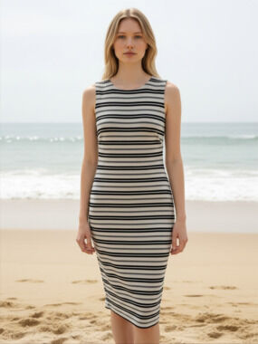 Calvin Klein Sleeveless Ribbed Knit Striped Midi Dress